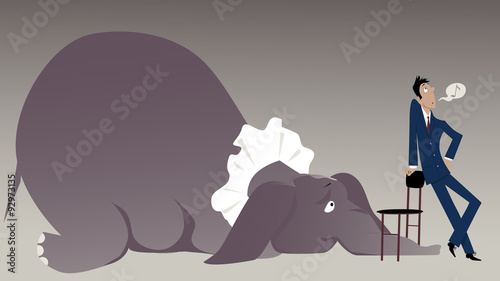Nonchalant man attempting to hide an elephant in the room under a chair, vector illustration, EPS 8