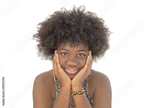 Lovely girl showing her Afro haircut, isolated