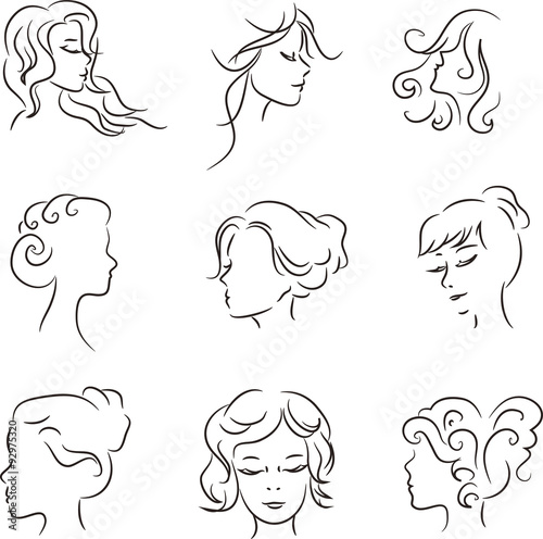 Silhouettes of heads of girls with beautiful hairstyle. Concept