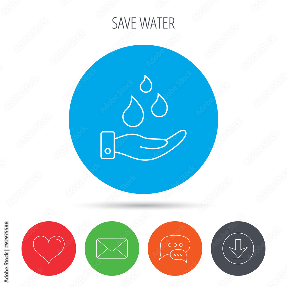 Save water icon. Hand with water drops sign. Save water icon. Hand with water drops sign.