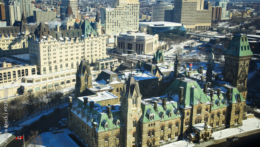 Fototapeta premium OTTAWA CANADA JANUARY 20, 2014: View of the East block of parliament hill and Chateau Laurier in Ottawa, Canada