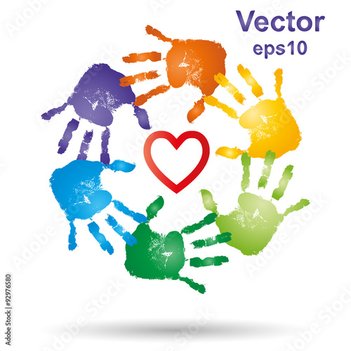 Vector conceptual children painted hand print and heart isolated