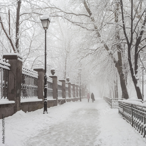 winter city park in morning