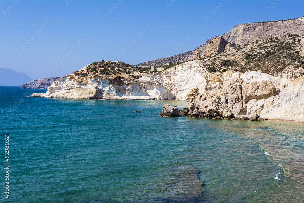 White beach and coastline at the Greek island of Milos