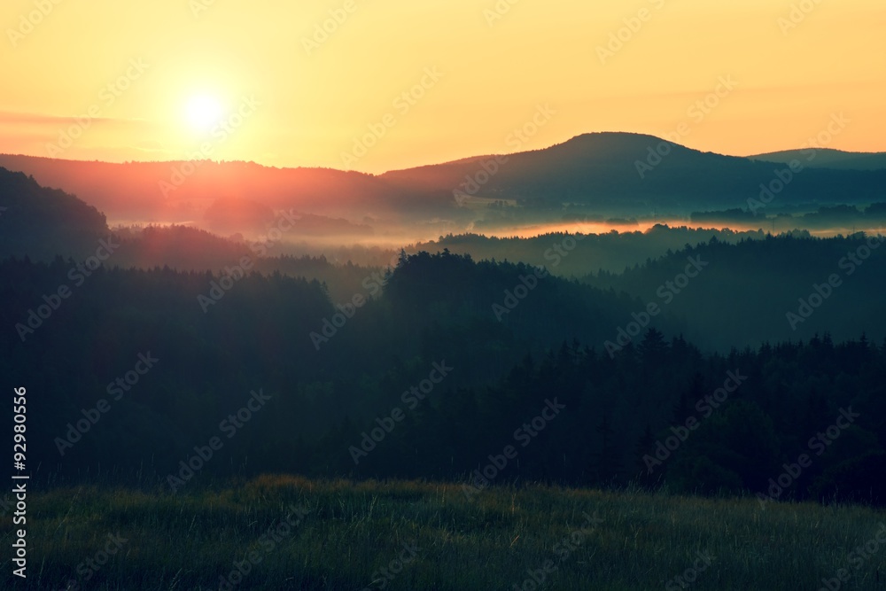 Sunrise Landscape.Early Morning Meadow.