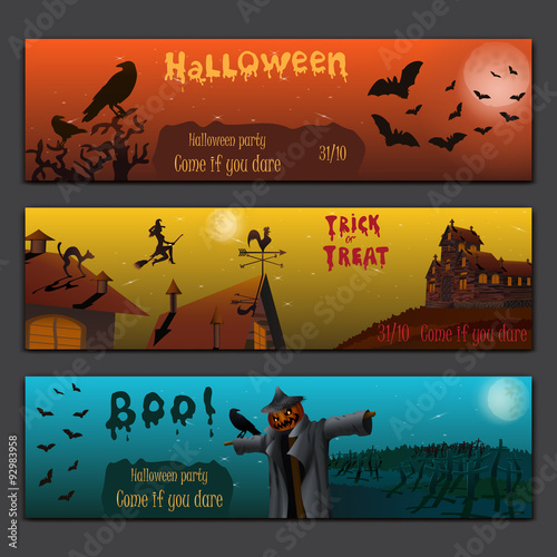Halloween cards baners design vector set with pumpkin, witch, bats, scarecrow and haunted house.