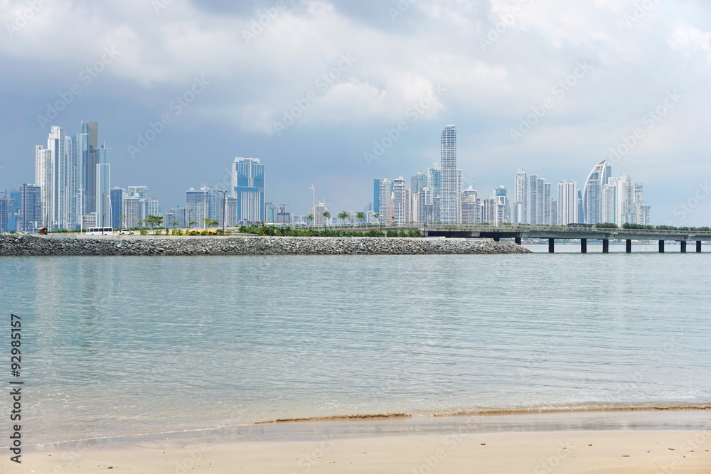 Naklejka premium Panama City skyscrapers skyline viewed from beach