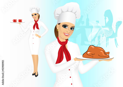 smiling female chef with christmas roasted turkey 