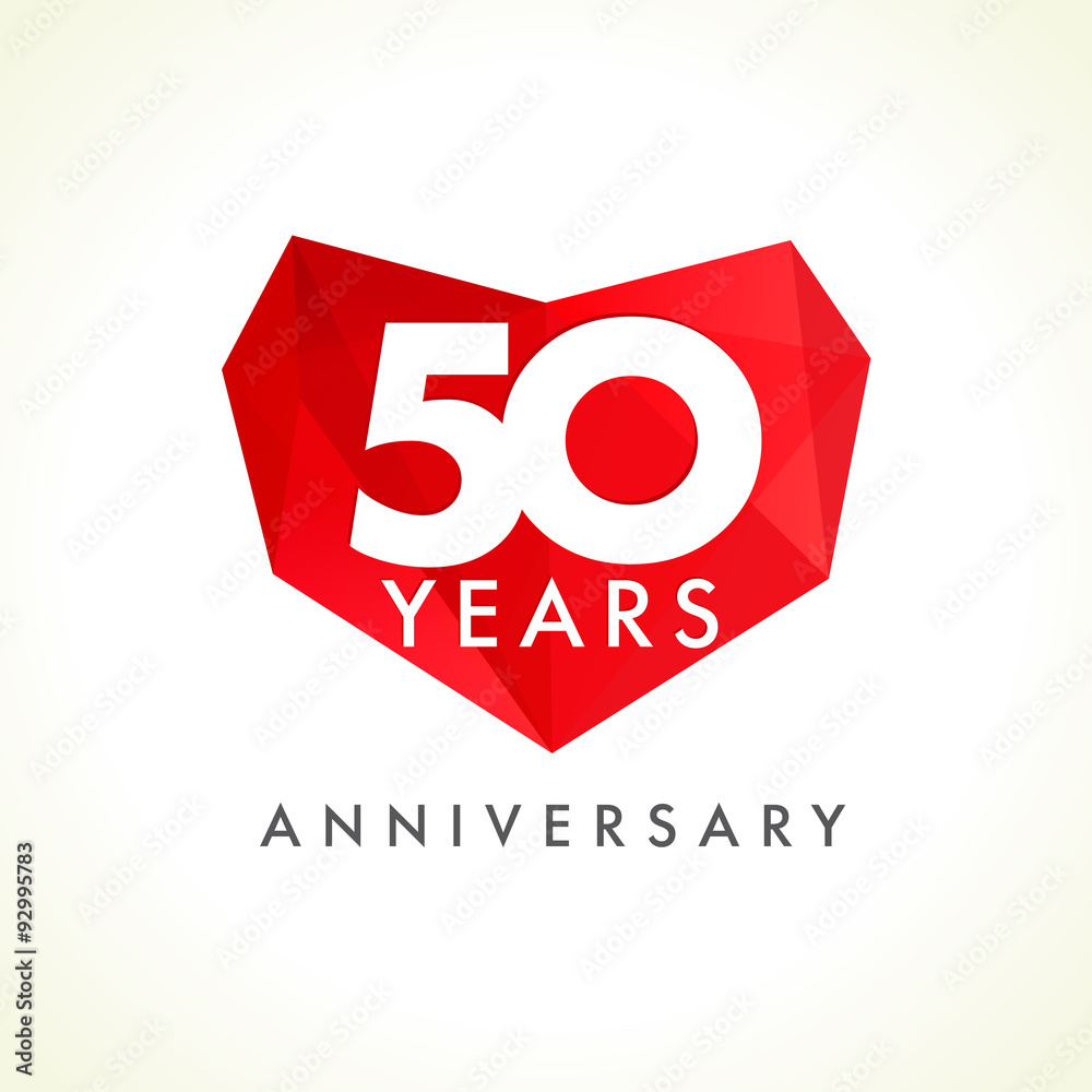 Fototapeta premium 50 anniversary heart logo. Template logo of fifty jubilee in facet heart shape.