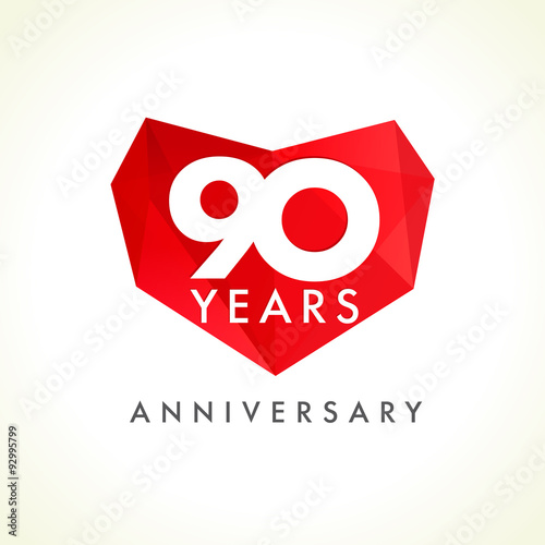 90 anniversary heart logo. Template logo of ninety jubilee in facet heart shape.