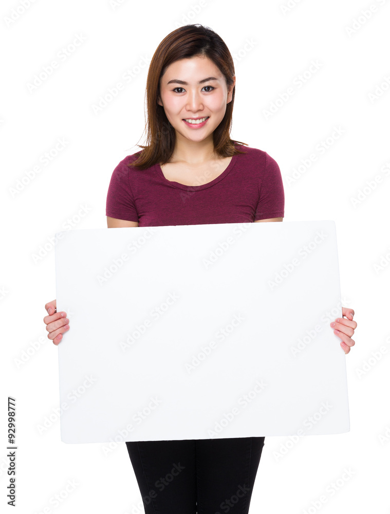 Asian woman showing with white banner
