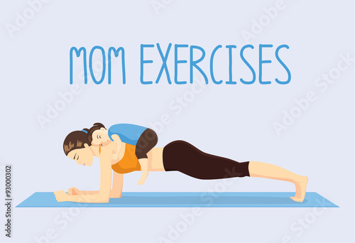 Mother doing abdominal exercises on blue mat by daughter lying on her back. Healthy lifestyle concept