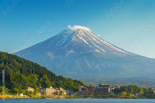 Mount fuji in Lake Kawaguchiko behide the city   Japan