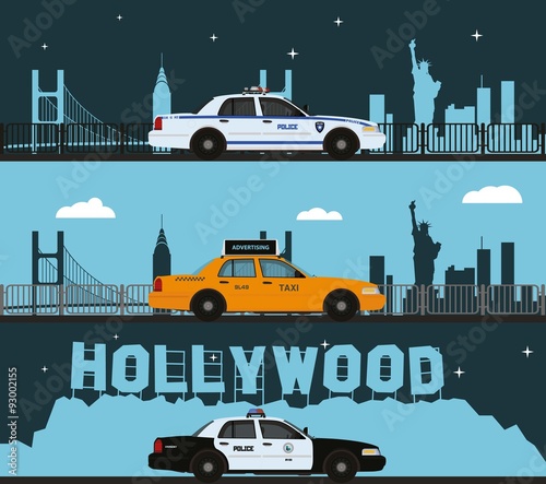 Police cars and taxis on city background.