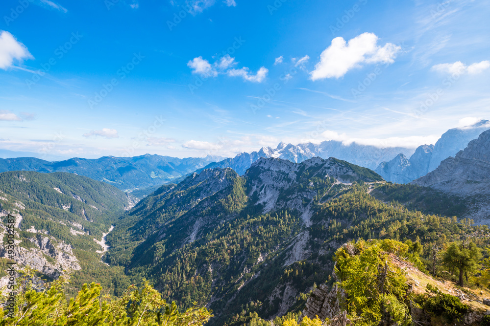 Beautiful mountain panorama in Julian Alps in Slovenia. This is a typical postcard from Slemenova spica with the mighty Jalovec in the backround.
