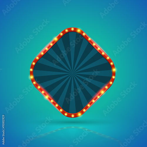 Square retro light banner with light bulbs on the contour. Vector illustration. Can use for promotion advertising...