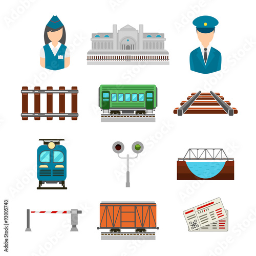 Vector set of railroad icons in flat style