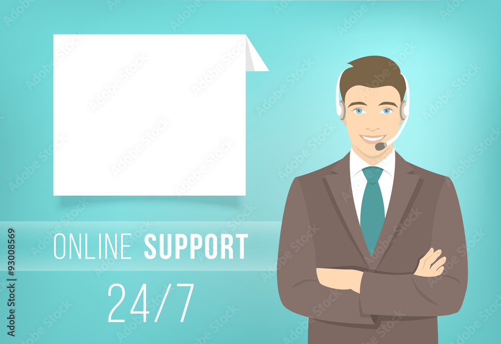 Modern flat vector illustration of young handsome man, employee of call center support and help service with headphones and speech bubble for chat with visitors of website. Helpdesk online concept