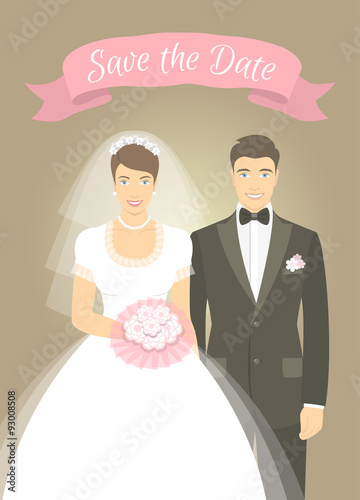 Illustration of wedding portrait of young attractive happy bride in wedding dress with a bouquet and a groom in a tuxedo with a bow tie. Modern vector flat stylized photo of newlyweds with a ribbon