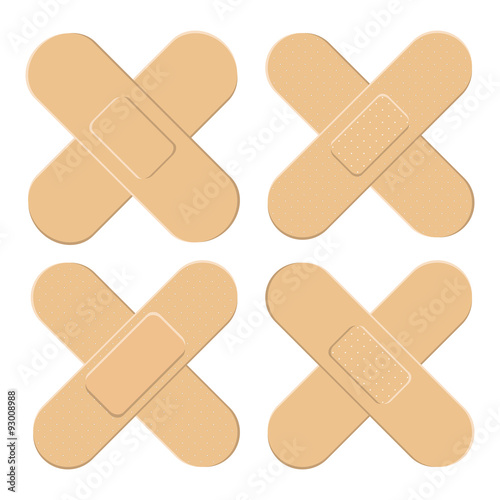 Set of Adhesive, flexible, fabric plaster . Medical bandage in different shape - straigh cross. Vector illustration isolated on white background.