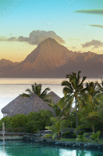 Sunset over the sea and mountains,  Tahiti...