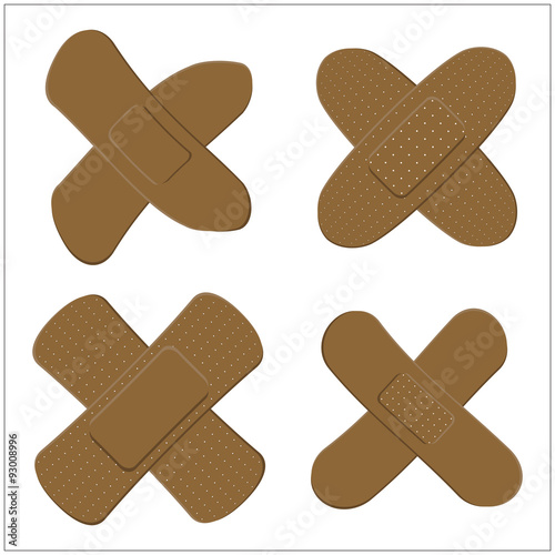 Set of Adhesive, flexible, fabric plaster for dark skin. Medical bandage in different shape - curved cross. Vector illustration isolated on white background.