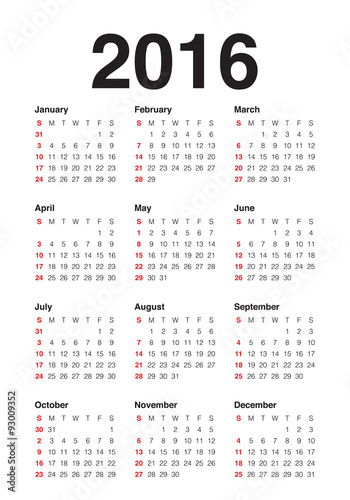 2016 Year Calendar