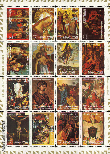 Fototapeta Ajman - CIRCA 1973: mail stamp printed in Ajman the reproductions of ancient Chr