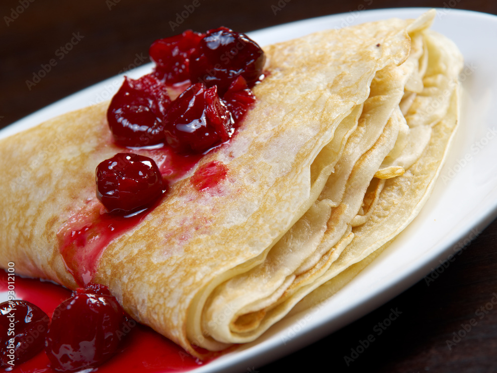 pancakes with sweet cherry confiture
