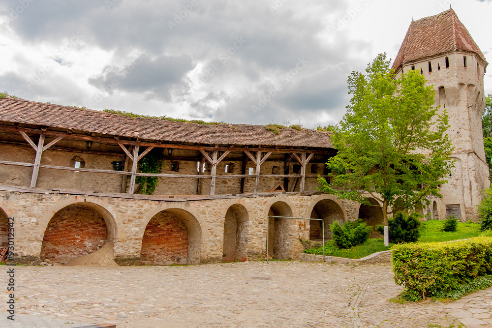 Sighisoara, Romania-July 03, 2015:  Historic , medieval stone defensive wall.