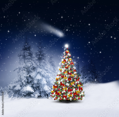 Geschmückter Weihnachtsbaum im Winterwald