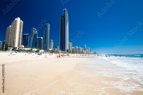 SURFERS PARADISE, AUS - OCT 03 2015 Skyline and a beach of Surfe
