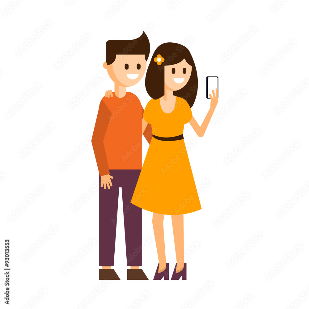 Girl and Boy Making a Selfie Vector Illustration Girl and Boy Making a Selfie Vector Illustration