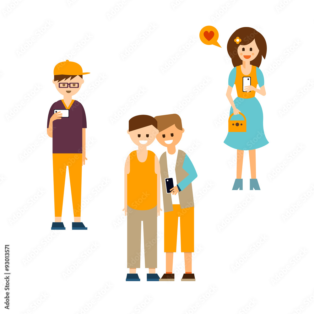 Young People Communicating with Devices Vector Illustration Set Young People Communicating with Devices Vector Illustration Set