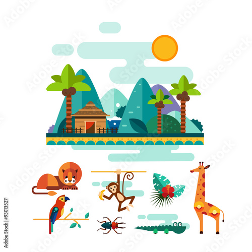 Tropic Animals, Insects and Birds on Jungle Background Vector