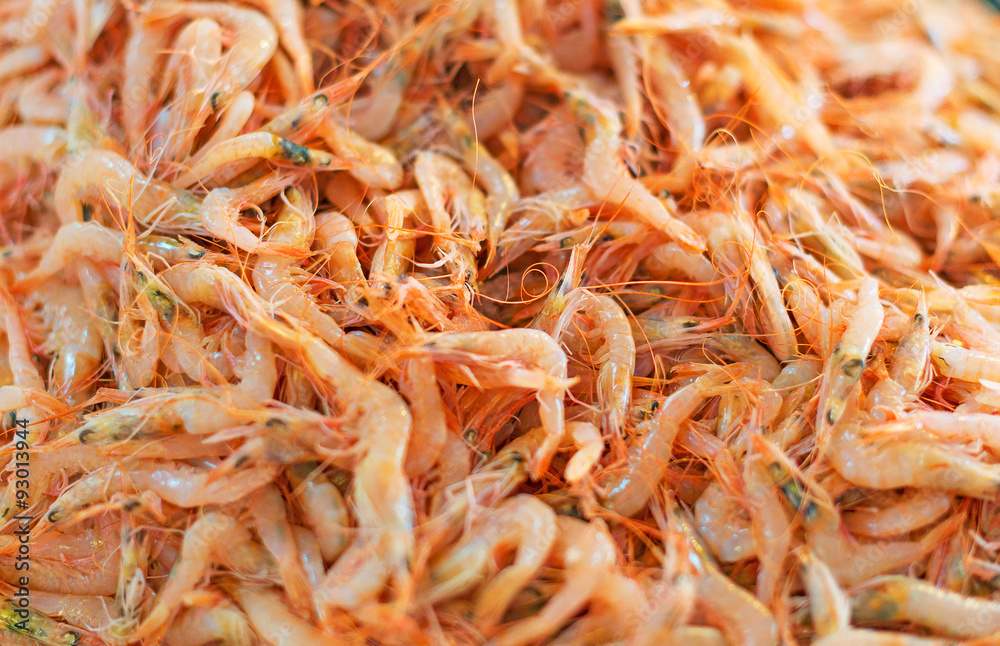 Pile of raw shrimps in fish market. Pile of raw shrimps in fish market.