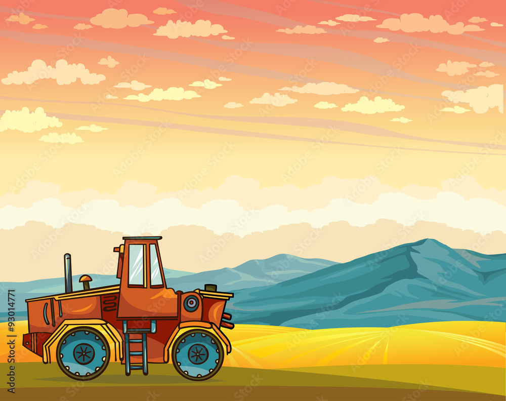 Obraz premium Cartoon tractor and rural summer landscape.