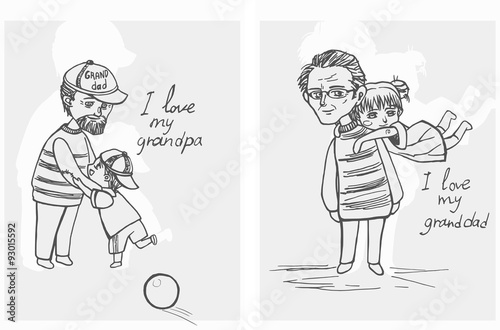 Grandfather Playing With Grandchildren/Two images where the grandfather playing with his grandchildren, linear style