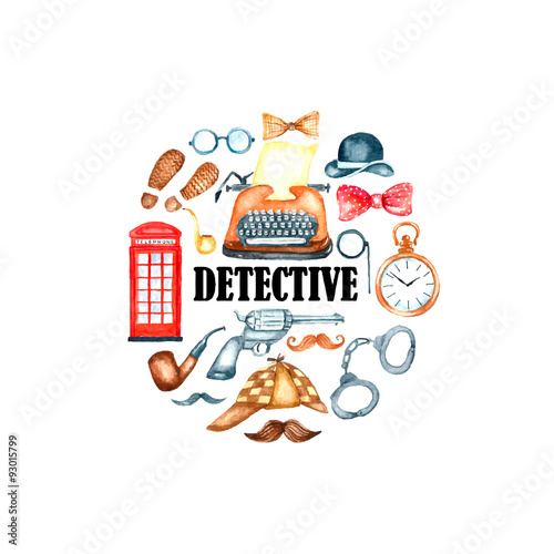 Watercolor retro detective accessories