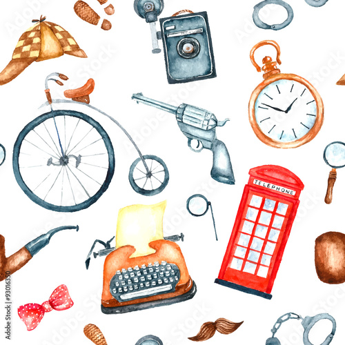 Watercolor retro detective accessories
