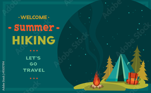 Summer hiking - tent, backpack and campfire.