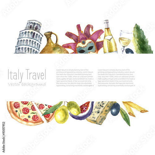 Set of Italy icons watercolor illustration.