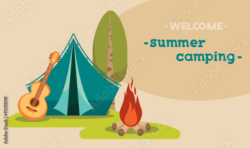 Summer tourist camping - tent and campfire.