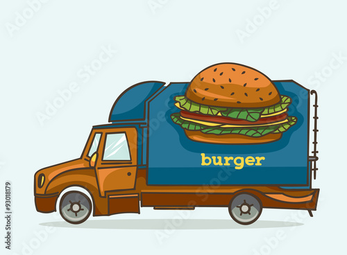 Blue cartoon truck - delivery burgers and fast food.