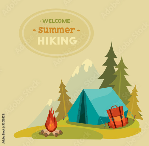 Summer hiking - tent, backpack and campfire.