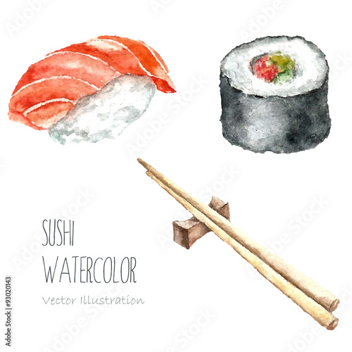 Watercolor sushi and roll with chopsticks.
