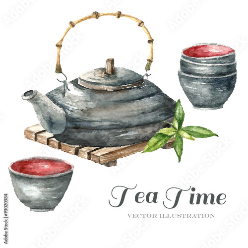 Watercolor Vintage teapot, two cups of tea
