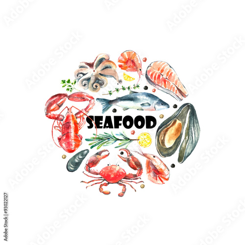 Set of seafood watercolor.