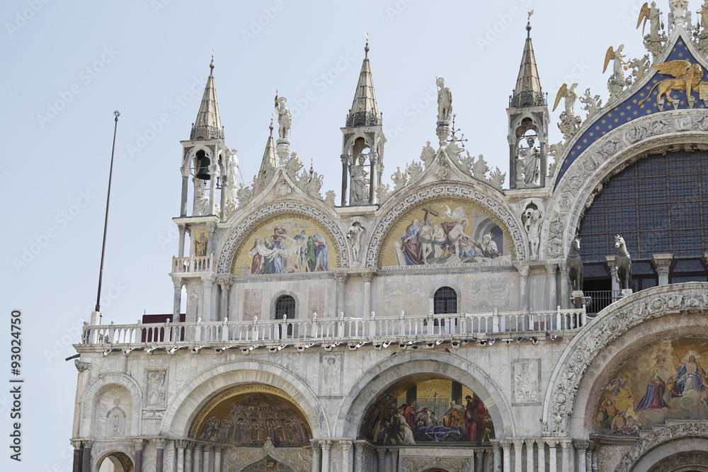 Part of the facade of St Mark's Basilica built in Byzantine and Gothic style, located at the eastern end of the Piazza San Marco, Venice, Italy