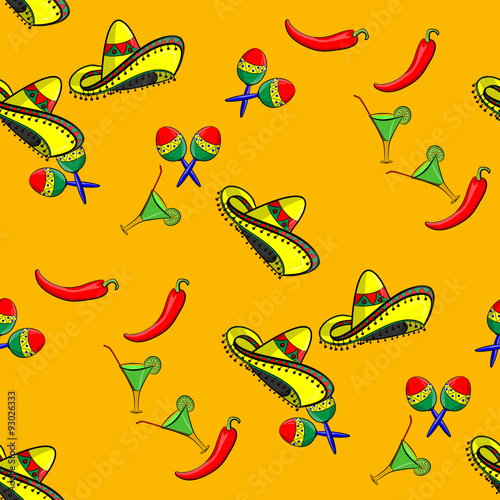 Pattern for cinco de mayo with a sombrero, maracas, jalapeno